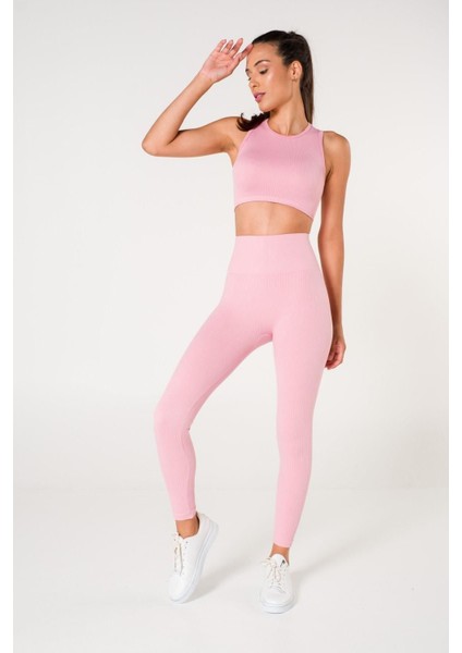 Toparlayıcı Dikişsiz Tayt-Crop Top Fitilli Büstiyer Tayt Crop Top Takım Pembe