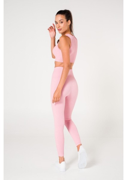 Toparlayıcı Dikişsiz Tayt-Crop Top Fitilli Büstiyer Tayt Crop Top Takım Pembe