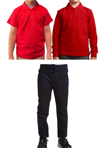 Unisex Çocuk Ribana Bel Keten Okul Pantolonu + Polo Yaka Kısa ve Uzun Kol T-Shirt