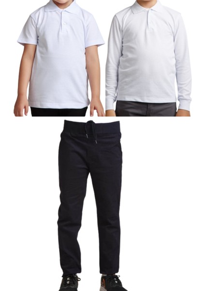 Unisex Çocuk Ribana Bel Keten Okul Pantolonu + Polo Yaka Kısa ve Uzun Kol T-Shirt