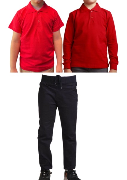 Unisex Çocuk Ribana Bel Keten Okul Pantolonu + Polo Yaka Kısa ve Uzun Kol T-Shirt