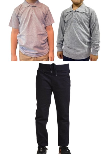 Unisex Çocuk Ribana Bel Keten Okul Pantolonu + Polo Yaka Kısa ve Uzun Kol T-Shirt