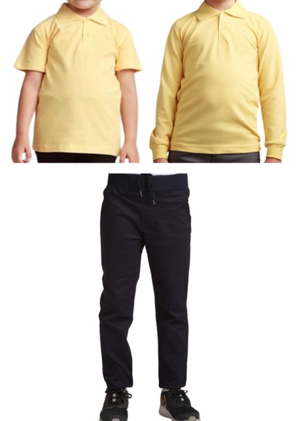 Unisex Çocuk Ribana Bel Keten Okul Pantolonu + Polo Yaka Kısa ve Uzun Kol T-Shirt