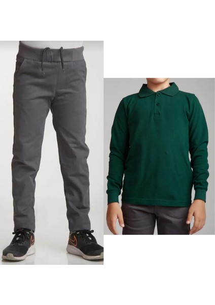 Unisex Çocuk Ribana Bel Keten Gri Okul Pantolonu + Polo Yaka Uzun Kol T-Shirt