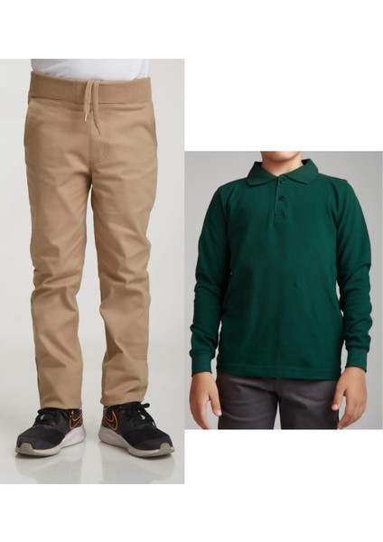 Unisex Çocuk Ribana Bel Keten Bej Okul Pantolonu + Polo Yaka Uzun Kol T-Shirt