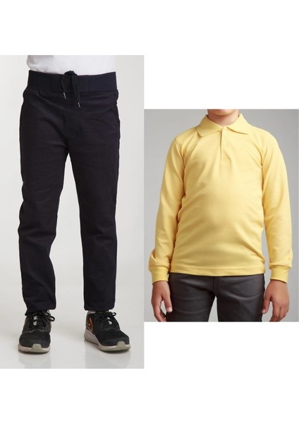 Unisex Çocuk Ribana Bel Keten Lacivert Okul Pantolonu + Polo Yaka Uzun Kol T-Shirt