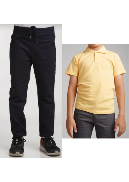 Unisex Çocuk Ribana Bel Keten Siyah Okul Pantolonu + Polo Yaka Kısa Kol T-Shirt