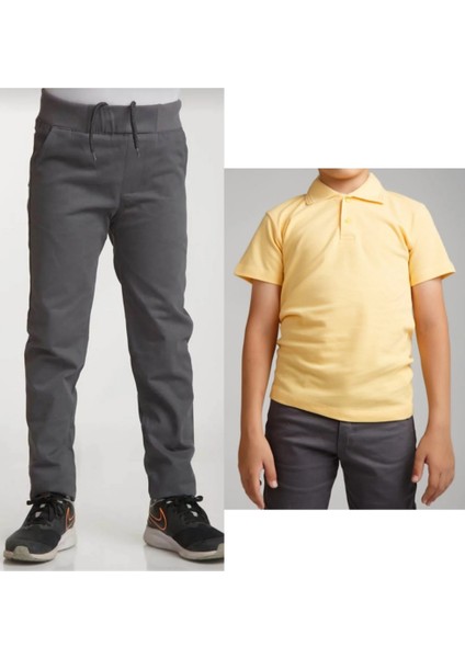 Unisex Çocuk Ribana Bel Keten Gri Okul Pantolonu + Polo Yaka Kısa Kol T-Shirt