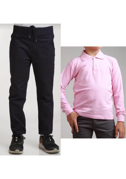 Unisex Çocuk Ribana Bel Keten Siyah Okul Pantolonu + Polo Yaka Uzun Kol T-Shirt