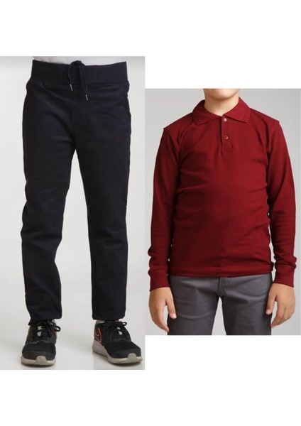 Unisex Çocuk Ribana Bel Keten Siyah Okul Pantolonu + Polo Yaka Uzun Kol T-Shirt