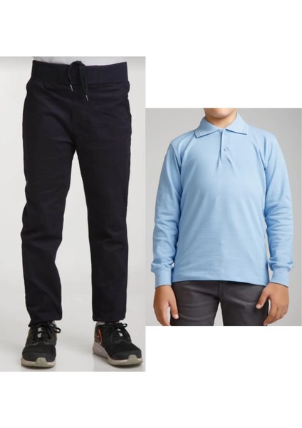 Unisex Çocuk Ribana Bel Keten Siyah Okul Pantolonu + Polo Yaka Uzun Kol T-Shirt