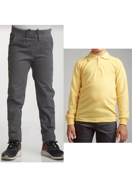 Unisex Çocuk Ribana Bel Keten Gri Okul Pantolonu + Polo Yaka Uzun Kol T-Shirt