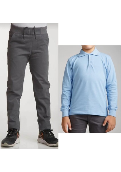 Unisex Çocuk Ribana Bel Keten Gri Okul Pantolonu + Polo Yaka Uzun Kol T-Shirt