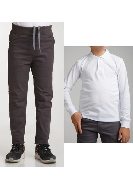 Unisex Çocuk Ribana Bel Keten Füme Okul Pantolonu + Polo Yaka Uzun Kol T-Shirt