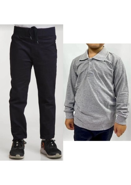 Unisex Çocuk Ribana Bel Keten Siyah Okul Pantolonu + Polo Yaka Uzun Kol T-Shirt