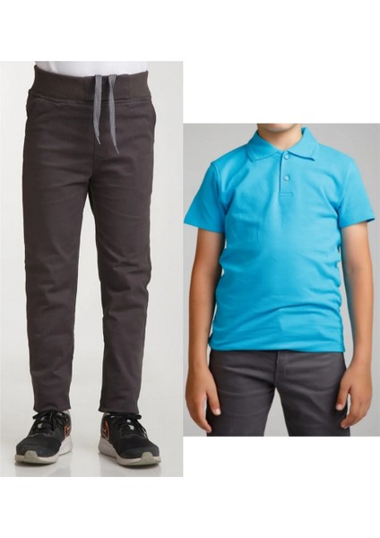 Unisex Çocuk Ribana Bel Keten Füme Okul Pantolonu + Polo Yaka Kısa Kol T-Shirt