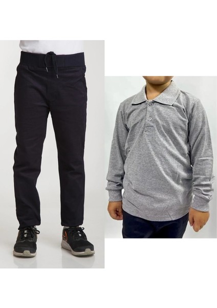 Unisex Çocuk Ribana Bel Keten Lacivert Okul Pantolonu + Polo Yaka Uzun Kol T-Shirt