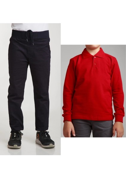 Unisex Çocuk Ribana Bel Keten Lacivert Okul Pantolonu + Polo Yaka Uzun Kol T-Shirt