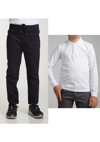 Unisex Çocuk Ribana Bel Keten Lacivert Okul Pantolonu + Polo Yaka Uzun Kol T-Shirt