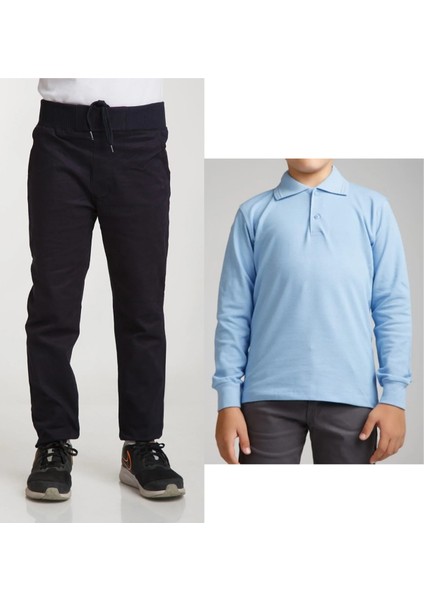 Unisex Çocuk Ribana Bel Keten Lacivert Okul Pantolonu + Polo Yaka Uzun Kol T-Shirt