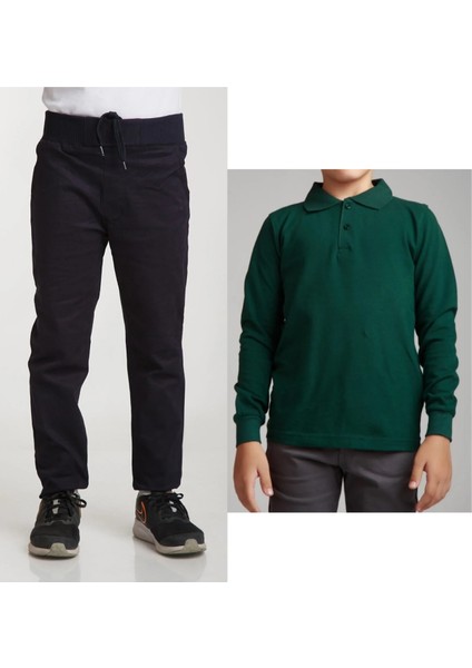 Unisex Çocuk Ribana Bel Keten Lacivert Okul Pantolonu + Polo Yaka Uzun Kol T-Shirt