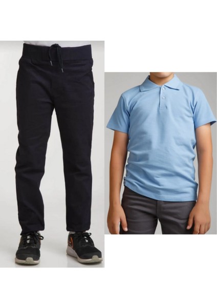 Unisex Çocuk Ribana Bel Keten Siyah Okul Pantolonu + Polo Yaka Kısa Kol T-Shirt