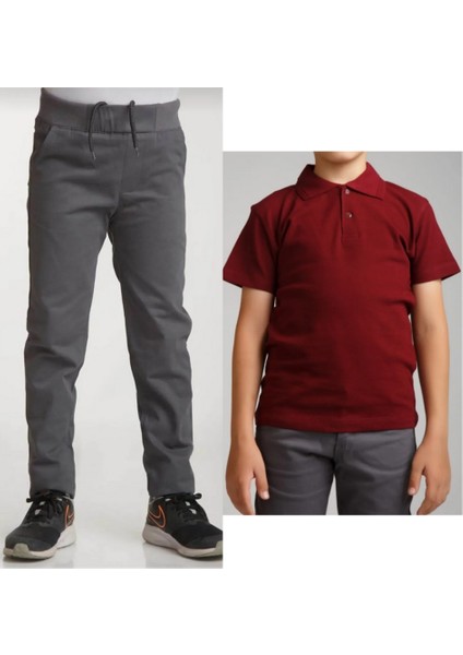 Unisex Çocuk Ribana Bel Keten Gri Okul Pantolonu + Polo Yaka Kısa Kol T-Shirt