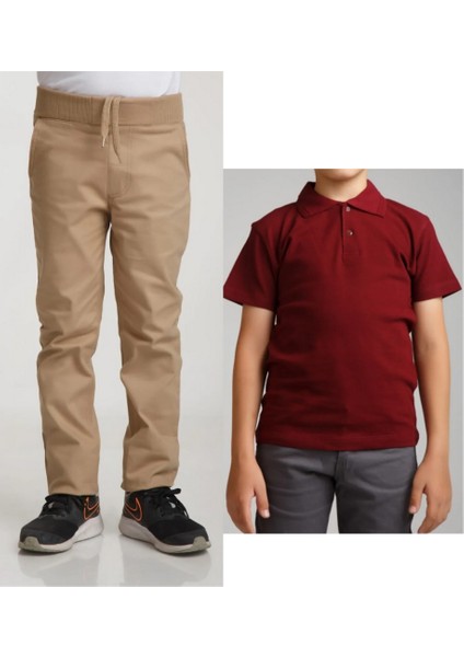 Unisex Çocuk Ribana Bel Keten Bej Okul Pantolonu + Polo Yaka Kısa Kol T-Shirt