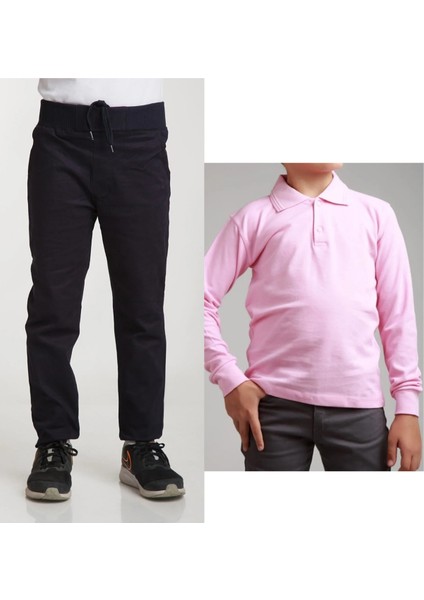 Unisex Çocuk Ribana Bel Keten Lacivert Okul Pantolonu + Polo Yaka Uzun Kol T-Shirt