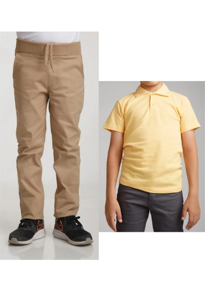 Unisex Çocuk Ribana Bel Keten Bej Okul Pantolonu + Polo Yaka Kısa Kol T-Shirt