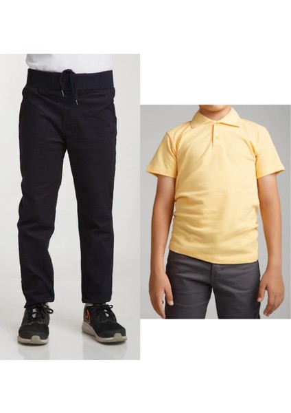 Unisex Çocuk Ribana Bel Keten Lacivert Okul Pantolonu + Polo Yaka Kısa Kol T-Shirt