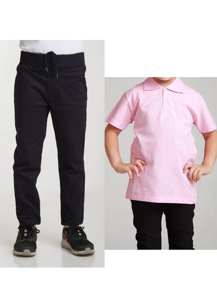 Unisex Çocuk Ribana Bel Keten Lacivert Okul Pantolonu + Polo Yaka Kısa Kol T-Shirt