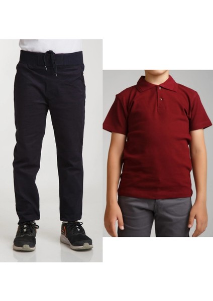 Unisex Çocuk Ribana Bel Keten Lacivert Okul Pantolonu + Polo Yaka Kısa Kol T-Shirt