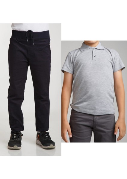 Unisex Çocuk Ribana Bel Keten Lacivert Okul Pantolonu + Polo Yaka Kısa Kol T-Shirt