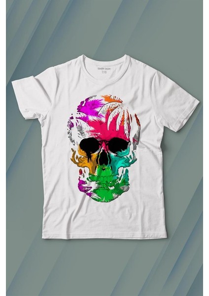 Rengarenk Kafatası Skull Head Gökkuşağı Renkleri Baskılı Tişört Çocuk T-Shirt