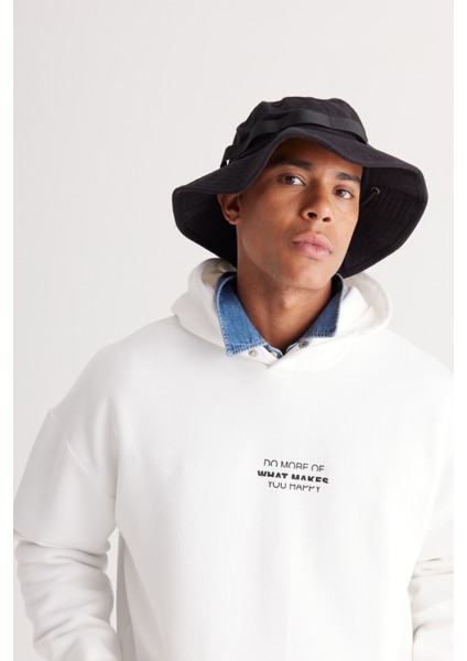 Erkek Beyaz Oversize Fit Bol Kesim Kapüşonlu Içi Polarlı 3 Iplik Pamuklu Sweatshirt
