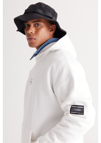 Erkek Beyaz Oversize Fit Bol Kesim Kapüşonlu Içi Polarlı 3 Iplik Pamuklu Sweatshirt