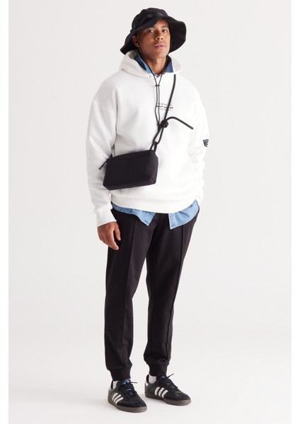 Erkek Beyaz Oversize Fit Bol Kesim Kapüşonlu Içi Polarlı 3 Iplik Pamuklu Sweatshirt
