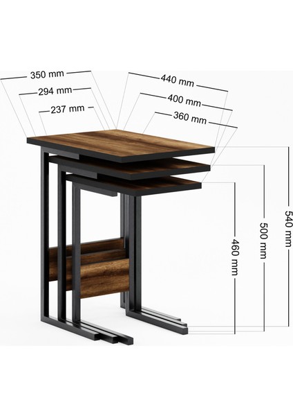 ZG3 Metal Ayaklı 3'lü Zigon Sehpa - Ceviz