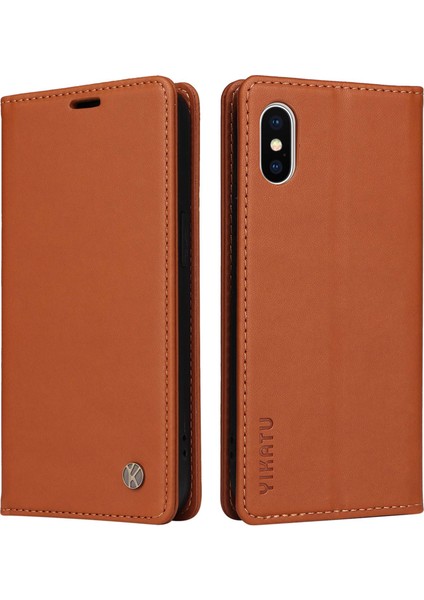 Apple iPhone X/xs Için Telefon Kılıfı Tam Koruma Telefon Cüzdan Kapağı Manyetik Otomatik Absorbed Pu Deri Deri Flip Telefon Kılıfı Stand-Brown (Yurt Dışından)