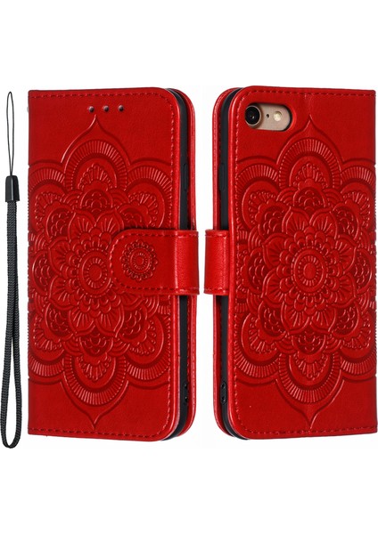 Iphaby Mandala Çiçek Cüzdanı Stand Pu Deri Kılıf Apple iPhone Se-Red (Yurt Dışından)
