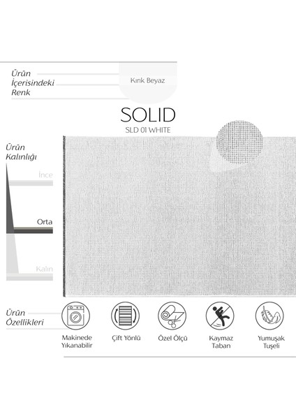 Solid Sld 01 Beyaz Yumuşak Dokulu Makinede Yıkanabilir Kaymaz Tabanlı Ince Halı fiyatları