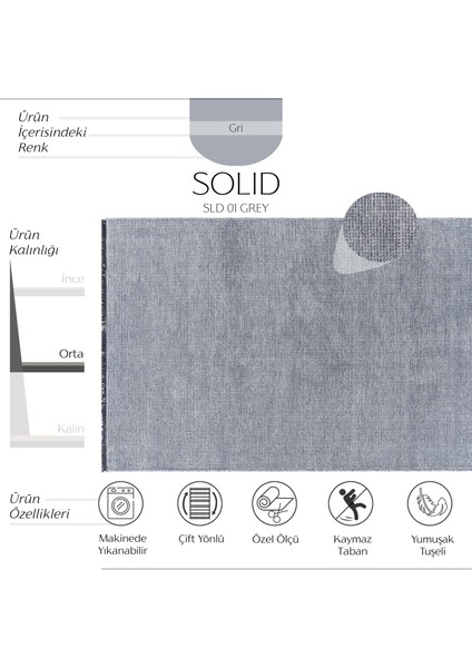 Solid Sld 01 Gri Yumuşak Dokulu Makinede Yıkanabilir Kaymaz Tabanlı Ince Halı fiyatları