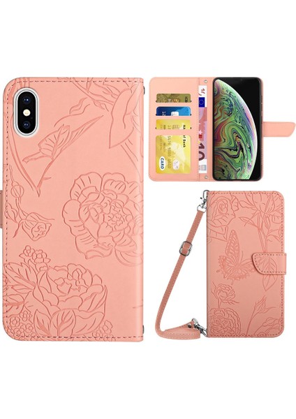 Apple iPhone Xs Için Max Telefon Kılıfı Cilt Touch Deri Kapak Baskı Kelebekleri Çiçek Desen Cüzdan Stand Telefon Kılıfı Omuz Kayışı Pembe (Yurt Dışından)