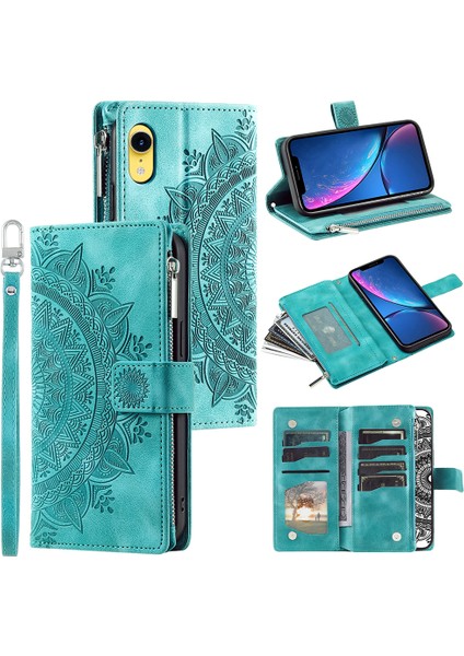 Apple iPhone Xr Mandala Çiçek Baskılı Pu Deri Kılıf Manyetik Çanta Fermuar Cep Stand Cüzdan Birden Çok Kart Yuvaları Telefon Kapağı Strap-Yeşili (Yurt Dışından)