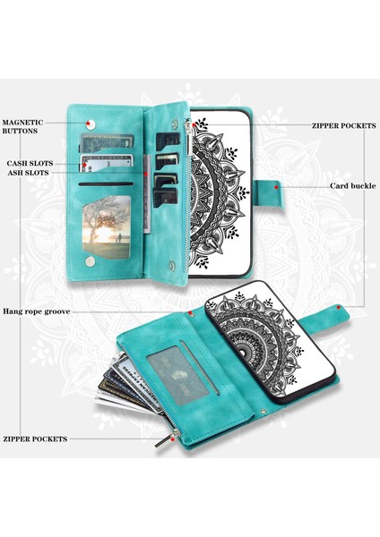 Apple iPhone Xr Mandala Çiçek Baskılı Pu Deri Kılıf Manyetik Çanta Fermuar Cep Stand Cüzdan Birden Çok Kart Yuvaları Telefon Kapağı Strap-Yeşili (Yurt Dışından)