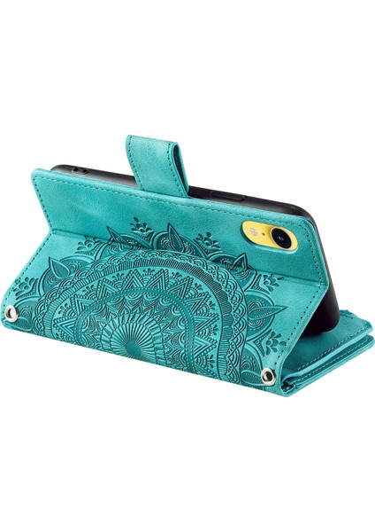 Apple iPhone Xr Mandala Çiçek Baskılı Pu Deri Kılıf Manyetik Çanta Fermuar Cep Stand Cüzdan Birden Çok Kart Yuvaları Telefon Kapağı Strap-Yeşili (Yurt Dışından)