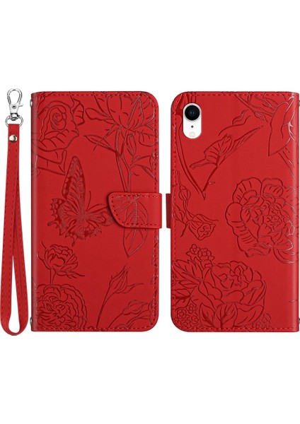 Apple iPhone Xr Için Cilt Touch Duygu Deri Akıllı Telefon Kasası Kelebek Çiçek Deseni Baskılı Flip Cüzdan Telefon Kapağı Bilek Kayış Kırmızısı (Yurt Dışından)