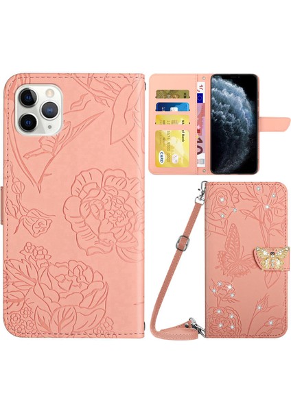 Apple iPhone 11 Pro Max Rhinestone Dekor Kelebekler Baskılı Telefon Kılıfı Cilt Touch Pu Deri Deri Stand Cüzdan Kabuğu Omuz Kayışı (Yurt Dışından)
