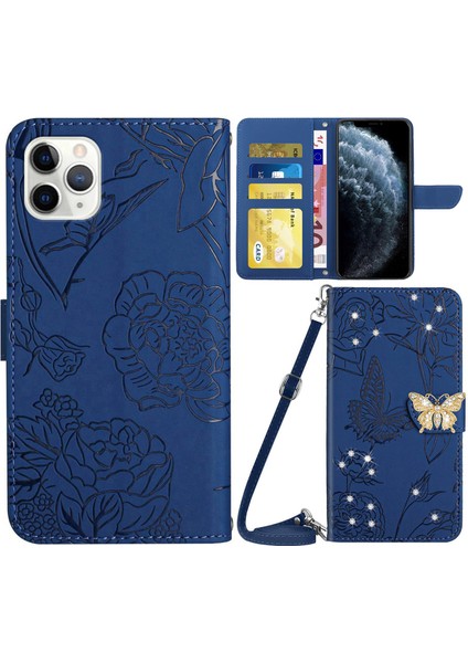 Apple iPhone 11 Pro Max Rhinestone Dekor Kelebekler Baskılı Telefon Kılıfı Cilt Touch Pu Deri Deri Stand Cüzdan Kabuğu Omuz Kayışı (Yurt Dışından)
